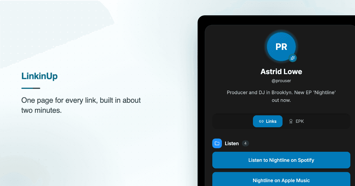 A LinkinUp profile for the artist Astrid Lowe, showing a photo, short bio and a Listen collection of link buttons